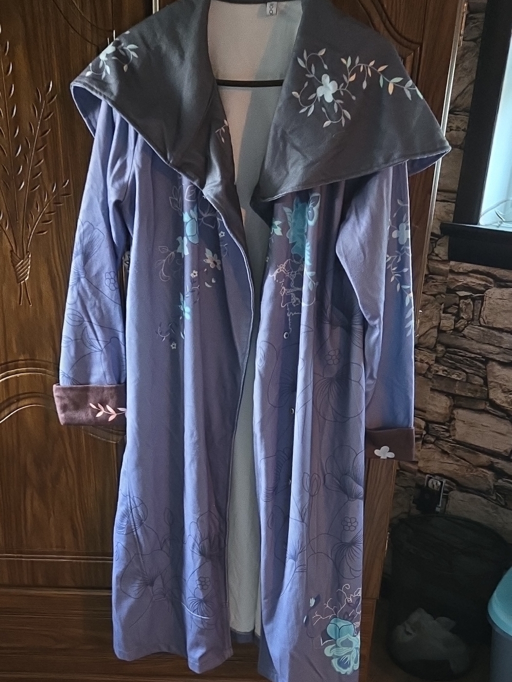 MISSLOOK Lavender Purple Floral Long Coat with Gray Collar